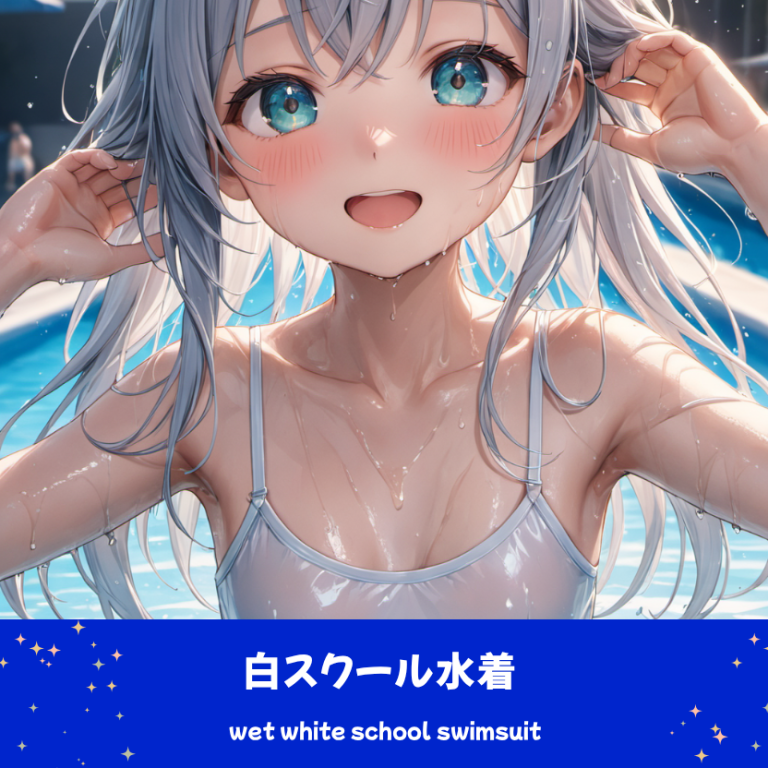 少し濡れた白スク水（スクール水着）でプールで遊ぶさみさん。下部のプロンプトラベルがデザインアーカイブであることを示している。