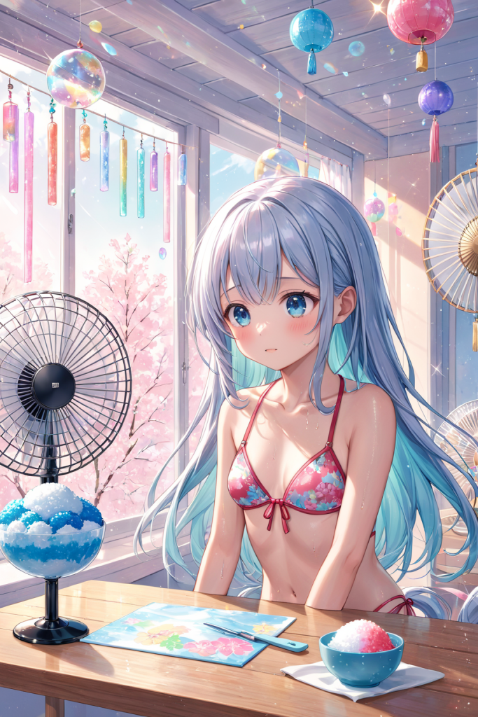 AIイラストによる情緒溢れる小花柄ビキニの前後全身像(窓際から差し込む柔らかな光の演出)。水着デザインのプロンプト検証資料。魅力的なポートレート。