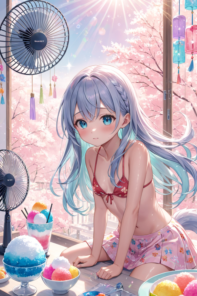 AIイラストで描かれた、小花柄ビキニの前後全身像(わずかに斜めを向いたポーズ)。同じプロンプトによる形状再現のバリエーション。ルームウェア風のビーチファッションデザイン例。