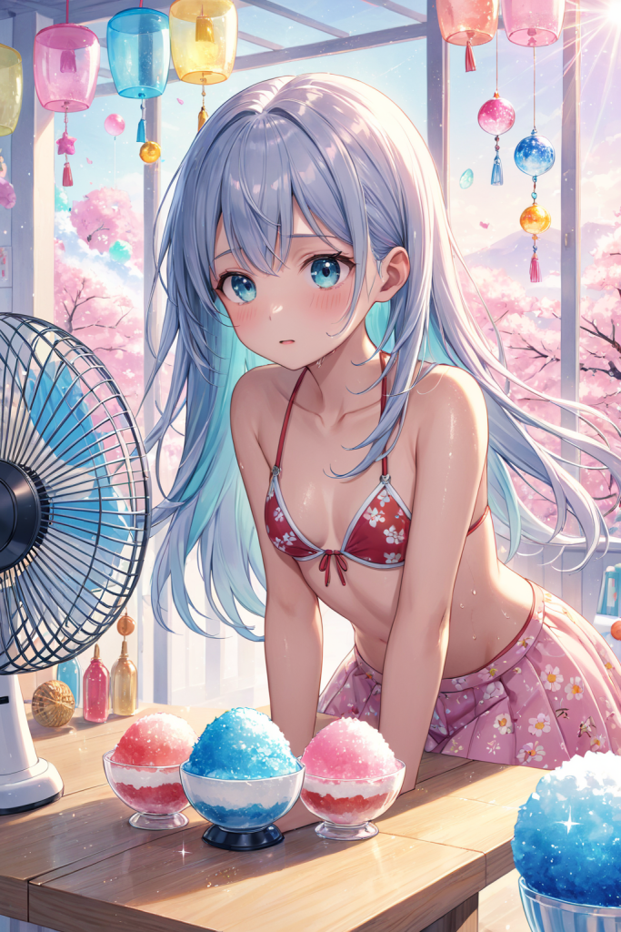 AIイラストで描かれた、風鈴の音色が聞こえそうな涼しげな室内と小花柄ビキニ(前後全身像)。魅力的な水着プロンプトの構成案を紹介する技術資料。下部のラベルがデザインアーカイブであることを示している。