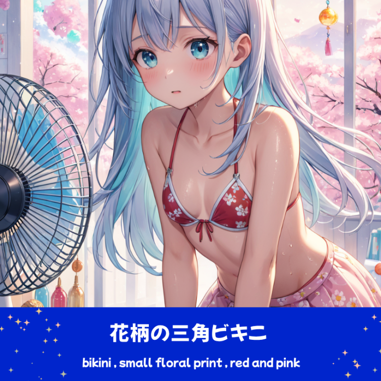 和室の窓辺で風鈴や扇風機に囲まれて佇む、銀髪ロングヘアの「さみさん」。赤ベースの小花柄ビキニを着用し、テーブルにはかき氷が置かれた和風AIイラスト。下部のプロンプトラベルがデザインアーカイブであることを示している。