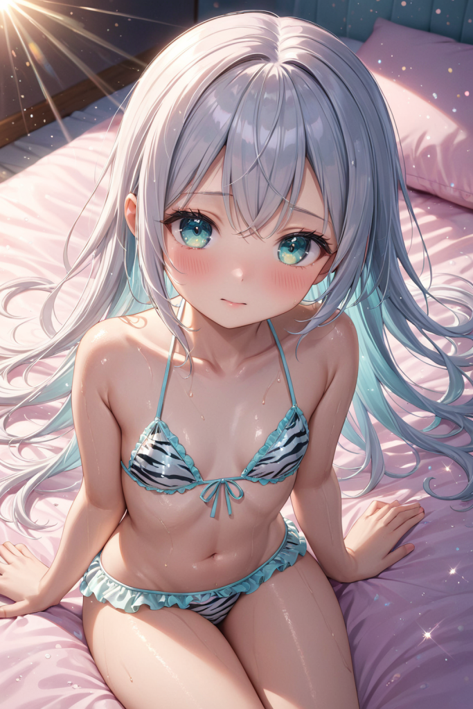 AIイラストで描かれた、ゼブラ柄フリルビキニの前後全身像(わずかに斜めを向いたポーズ)。同じプロンプトによる形状再現のバリエーション。ビーチファッションのデザイン例。