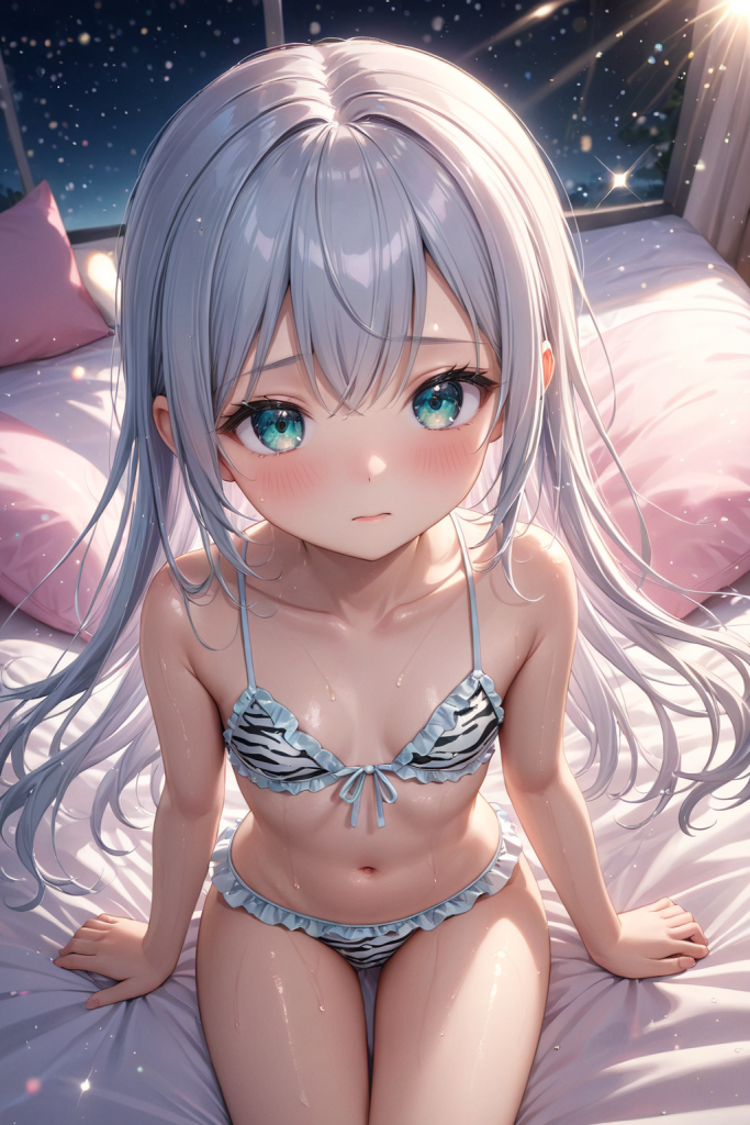 AIイラストで描かれた、ゼブラ柄が可愛い夜のリゾートに映えるホルターネックビキニ(魅力的なビーチポーズ)。ビーチファッションデザインの形状再現を目的とした技術資料。