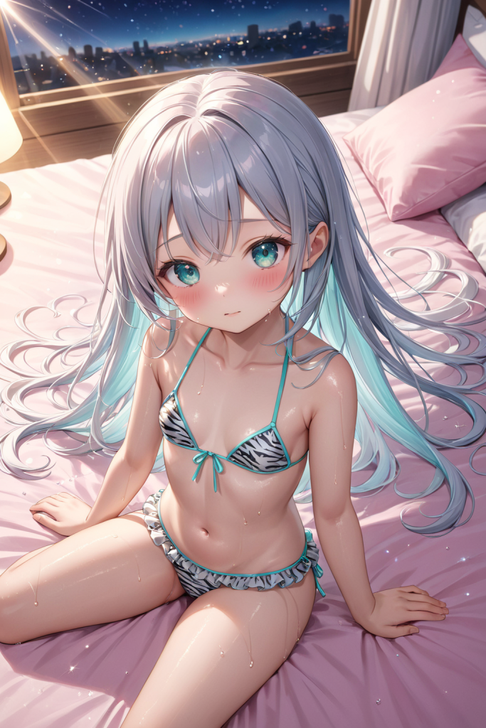 AIイラストによる夜景に映えるゼブラ柄ビキニの前後全身像(都会のライトアップに照らされる演出)。水着デザインのプロンプト検証資料。魅力的なビーチコーデ。