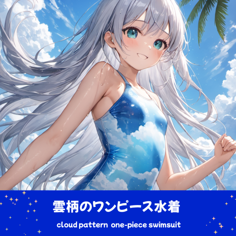 ヤシの木と青空を背景に、ビーチに立つ銀髪の「さみさん」。スカイブルーに白い雲が描かれた雲柄のワンピース水着を着用したAIイラスト。水着デザインプロンプト表示もあるアイキャッチ画像。