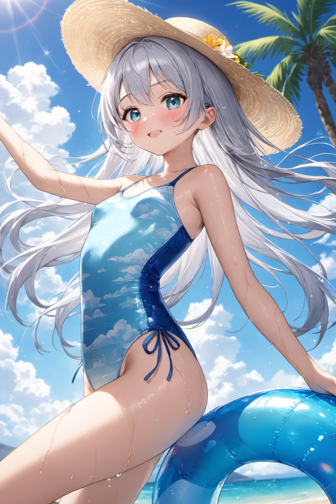 AIイラストで描かれた、リゾートの空に溶け込むような青と白の雲柄ワンピース水着（前後全身像）。魅力的な水着プロンプトの構成案を紹介する技術資料。下部のラベルがデザインアーカイブであることを示している。