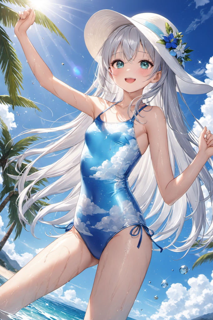 AIイラストで描かれた、雲柄ワンピース水着の前後全身像（わずかに斜めを向いたポーズ）。同じプロンプトによる形状再現のバリエーション。ビーチファッションのコーディネート例。