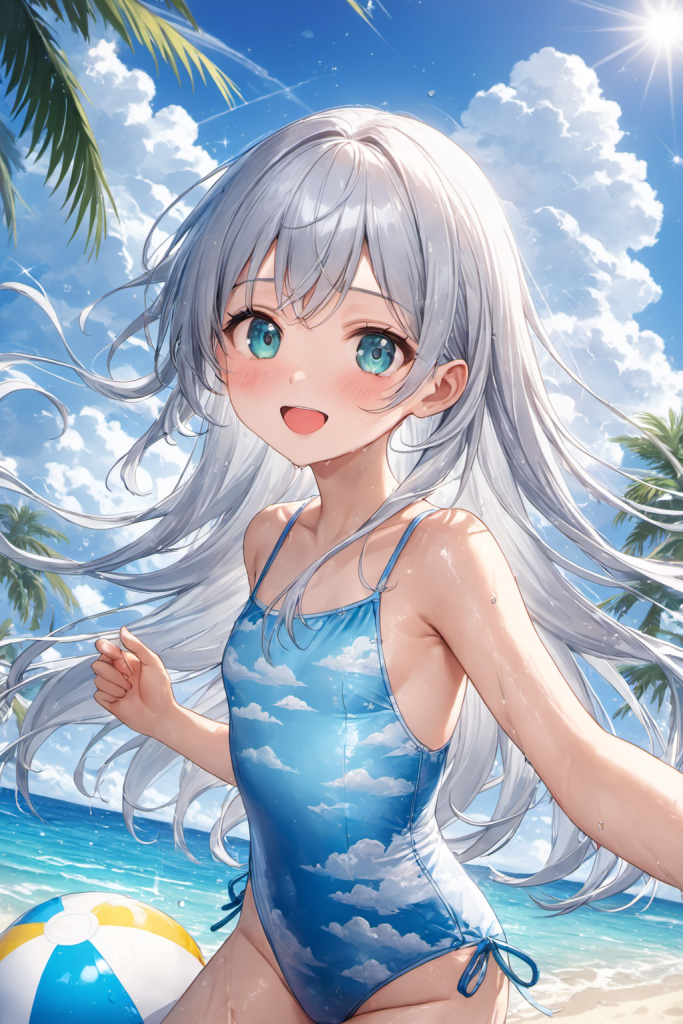 AIイラストによる雲柄ワンピース水着の前後全身像（日差しの強いリゾートの光の演出）。ビーチファッションデザインのプロンプト検証資料。魅力的なビーチコーデ。