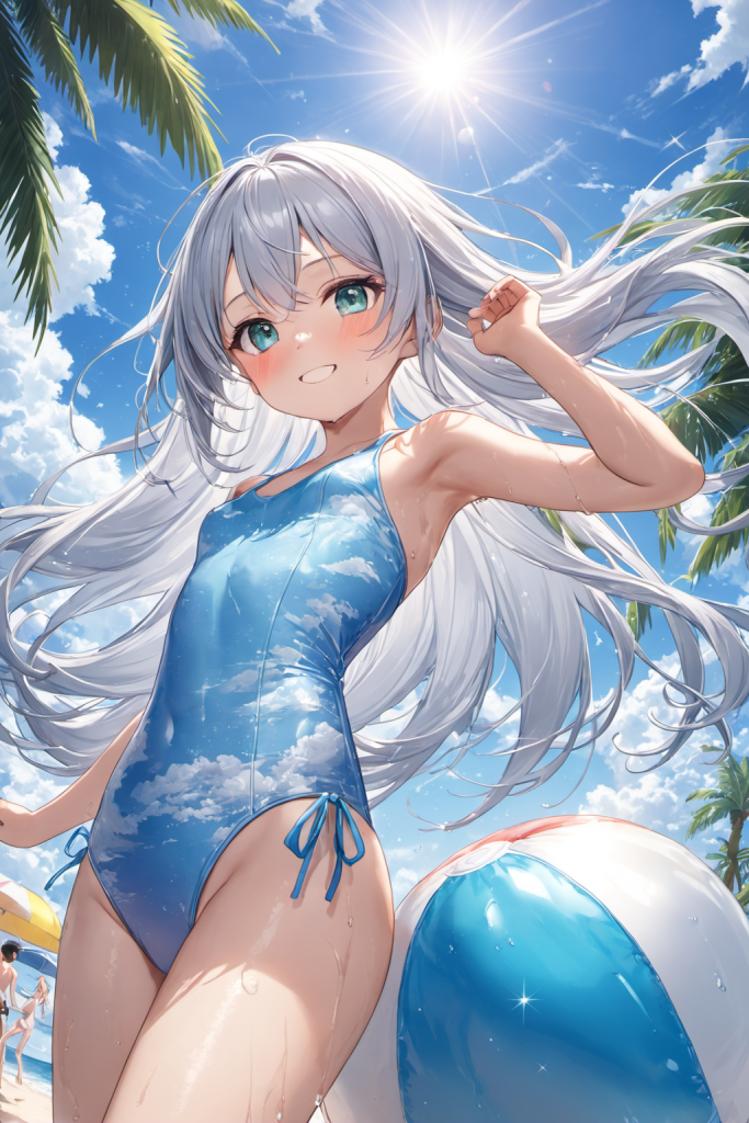 AIイラストで描かれた、空のような雲柄のホルターネックワンピース水着（魅力的なリゾートポーズ）。ビーチファッションデザインの形状再現を目的とした技術資料。