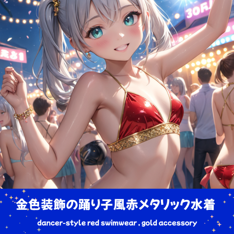 AIイラストによる、メタリックな赤と金の装飾が特徴的なダンサースタイル水着の前後全身像。特定の衣装テーマを再現するためのプロンプト検証資料。