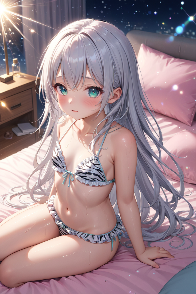 AIイラストで描かれた、都会の夜景に映えるスタイリッシュなゼブラ柄とフリルが可愛いビキニ(前後全身像)。魅力的な水着プロンプトの構成案を紹介する技術資料。下部のラベルがデザインアーカイブであることを示している。