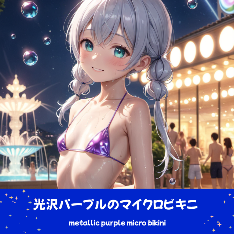 光沢紫のマイクロビキニでナイトプールにきたさみさん。下部のプロンプトラベルがデザインアーカイブであることを示している。