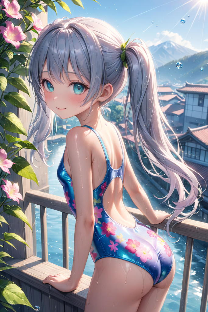 AIイラストによる華やかな大花柄ワンピース水着の前後全身像(日差しが強いリゾートビーチの光の演出)。水着デザインのプロンプト検証資料。魅力的なビーチコーデ。