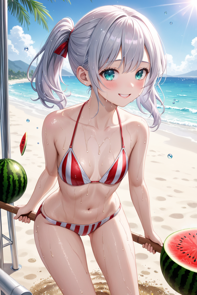 AIイラストで描かれた、縦ストライプ柄ビキニとスイカの前後全身像（わずかに斜めを向いたポーズ）。同じプロンプトによる形状再現のバリエーション。ビーチファッションのデザイン例。