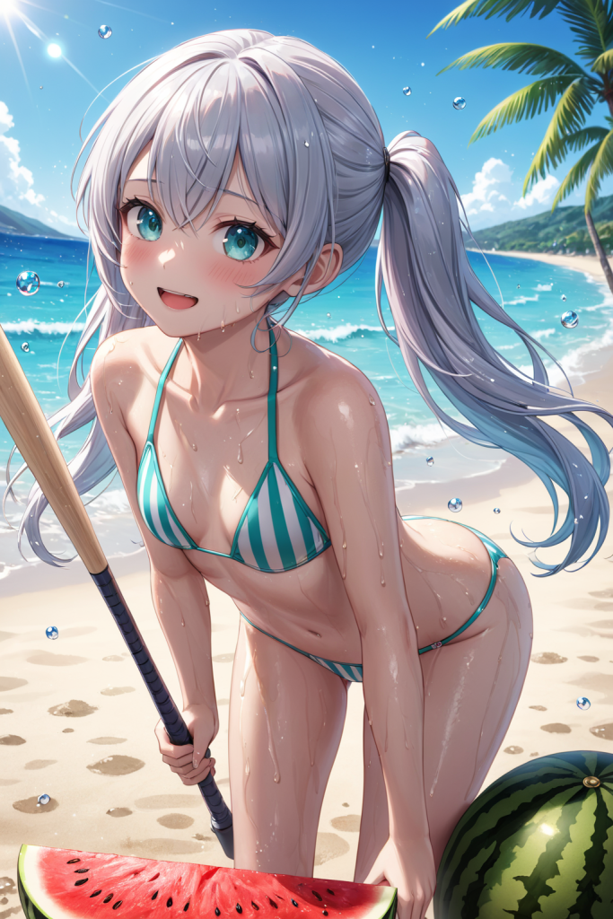 AIイラストで描かれた、夏全開のビーチに映える縦ストライプ柄のビキニとスイカ（前後全身像）。魅力的な水着プロンプトの構成案を紹介する技術資料。下部のラベルがデザインアーカイブであることを示している。