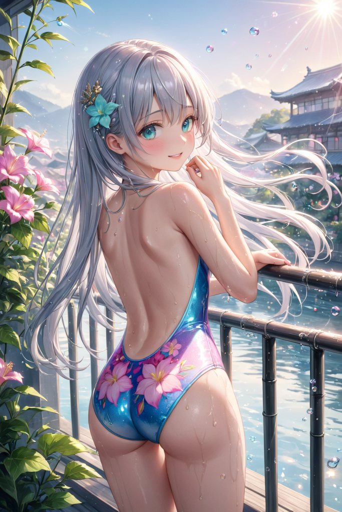 AIイラストで描かれた、リゾートに映える華やかな大花柄のワンピース水着(前後全身像)。後ろ姿のデザインが印象的な水着プロンプトの構成案を紹介する技術資料。下部のラベルがデザインアーカイブであることを示している。