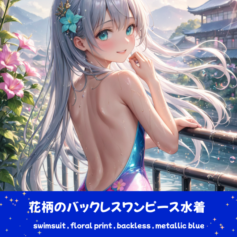 テラスで振り返る、銀髪ロングヘアの「さみさん」。大きな花柄が入った光沢のあるワンピース水着を着用し、背中が大きく開いたバックレスデザインの水着AIイラスト。下部のプロンプトラベルがデザインアーカイブであることを示している。