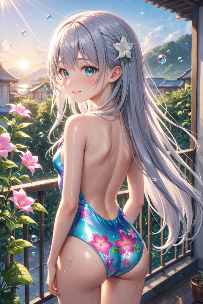 AIイラストで描かれた、大花柄ワンピース水着の前後全身像(わずかに斜めを向いたポーズ)。同じプロンプトによる形状再現のバリエーション。ビーチファッションのデザイン例。