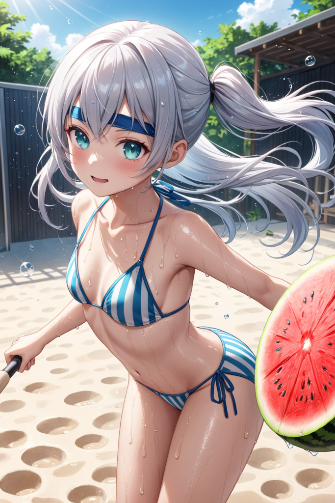 AIイラストによる夏らしい縦ストライプ柄ビキニの前後全身像（真夏の太陽のような強い光の演出）。水着デザインと小物のプロンプト検証資料。魅力的なビーチコーデ。