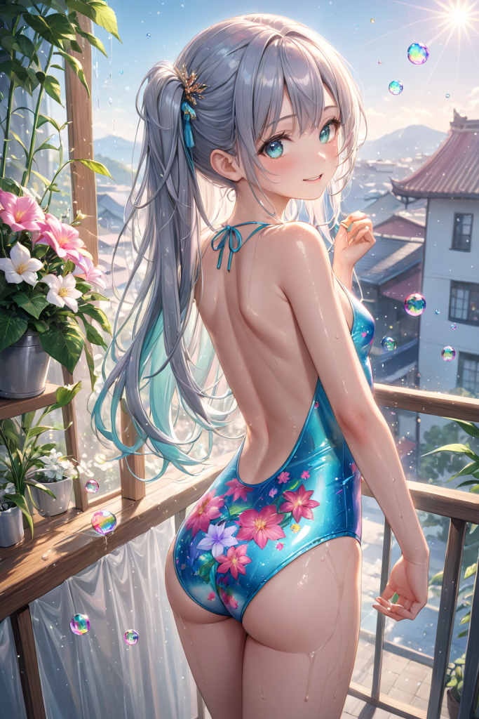 AIイラストで描かれた、大花柄が可愛いリゾートに映えるバックオープンワンピース水着(魅力的なビーチポーズ)。ビーチファッションデザインの形状再現を目的とした技術資料。