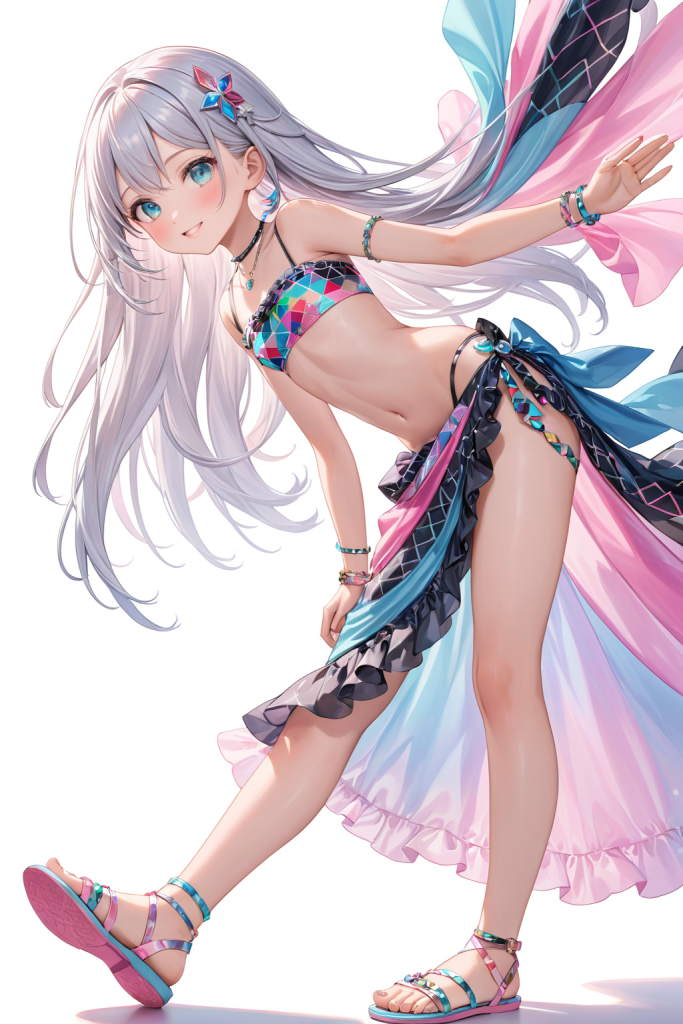 AIイラストで描かれた、モダンな幾何学柄のバンドゥビキニに同柄のパレオを合わせた、こなれ感のある水着コーディネート（前後全身像）。魅力的なビキニプロンプトの構成案を紹介する技術資料。下部のラベルがデザインアーカイブであることを示している。