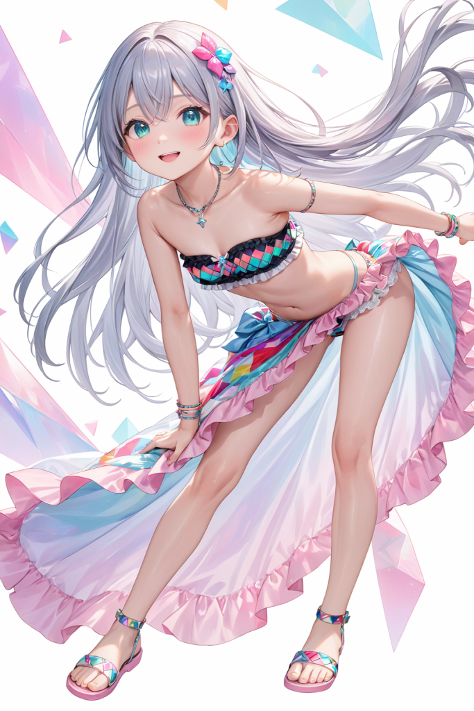 AIイラストで描かれた、幾何学柄バンドゥビキニとパレオの前後全身像（わずかに斜めを向いたポーズ）。同じプロンプトによる形状再現のバリエーション。ビーチファッションのデザイン例。