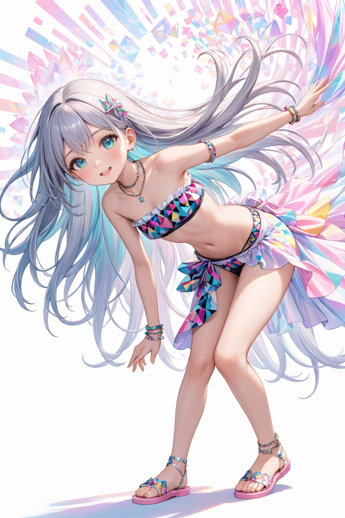 AIイラストで描かれた、幾何学柄がスタイリッシュなリゾートに映えるパレオ付きバンドゥビキニ（魅力的なビーチポーズ）。ビーチファッションデザインの形状再現を目的とした技術資料。