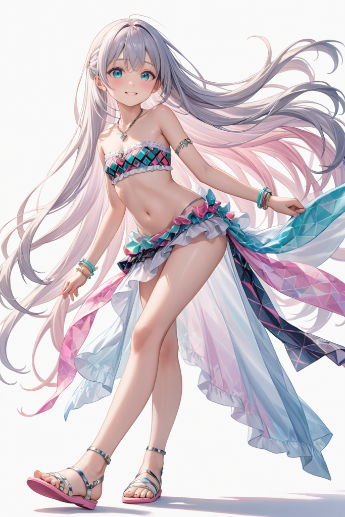 AIイラストによるこなれ感満載な幾何学柄ビキニとパレオの前後全身像（真夏の太陽のような強い光の演出）。パレオ付き水着デザインのプロンプト検証資料。魅力的なビーチコーデ。