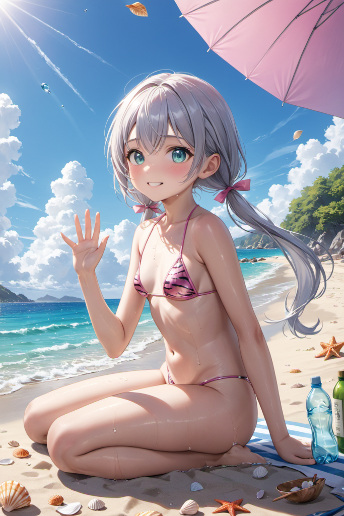 AIイラストによるピンクタイガー柄ビキニの前後全身像（真夏の太陽のような強い光の演出）。水着デザインのプロンプト検証資料。魅力的なビーチコーデ。