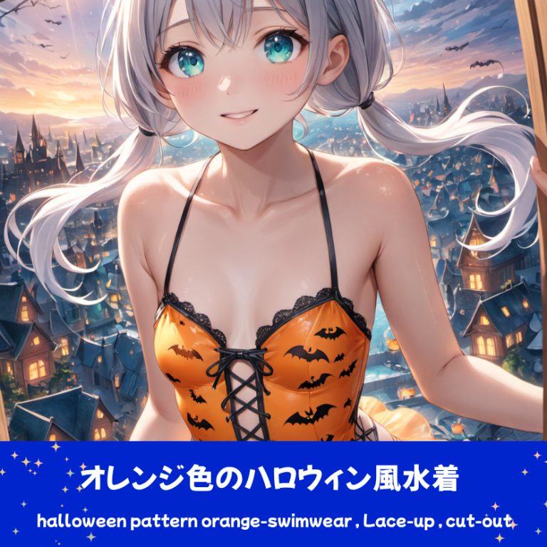 AIイラストで描かれた、オレンジのハロウィン柄おしゃれデザイン水着。ファンタジーな世界観の背景に馴染む、衣装とシチュエーションの整合性を研究したリファレンス。