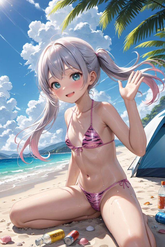 AIイラストで描かれた、強気で可愛いピンクタイガー柄（虎柄）がビーチに映えるビキニ（前後全身像）。魅力的な水着プロンプトの構成案を紹介する技術資料。下部のラベルがデザインアーカイブであることを示している。