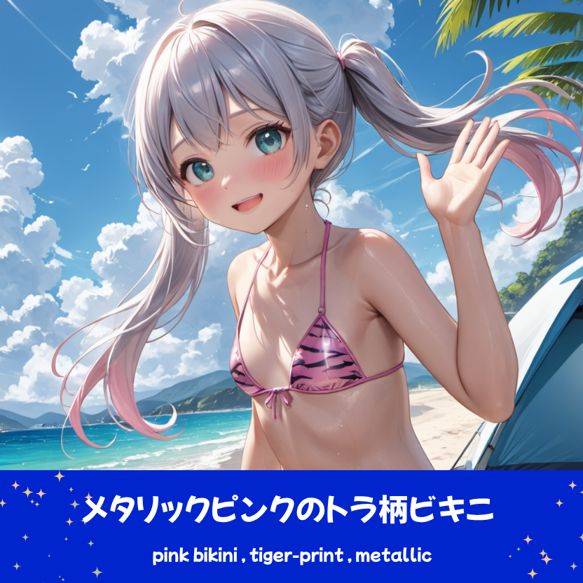 快晴のビーチで砂浜に座り手を振る、銀髪ツインテールの「さみさん」。ピンク色のトラ柄（タイガープリント）のビキニを着用し、背景にピンクのパラソルが見えるAIイラスト。下部のプロンプトラベルがデザインアーカイブであることを示している。