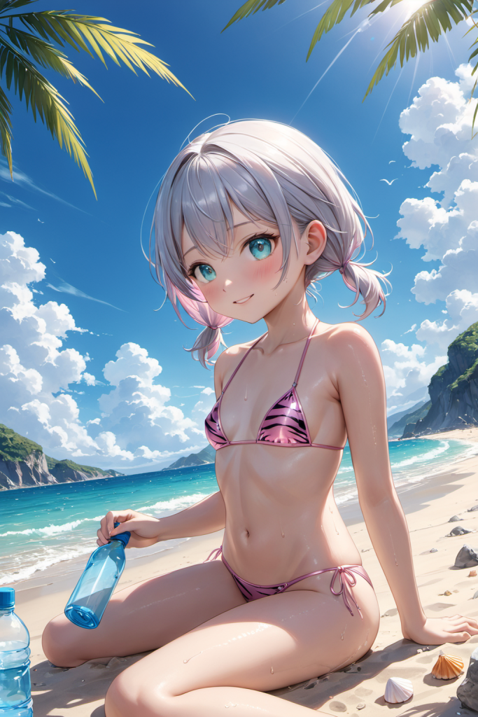 AIイラストで描かれた、ピンクタイガー柄ビキニの前後全身像（わずかに斜めを向いたポーズ）。同じプロンプトによる形状再現のバリエーション。ビーチファッションのデザイン例。