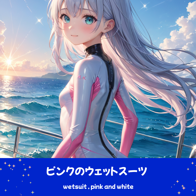 ピンクと白のウェットスーツでダイビングの準備をするさみさん。下部のプロンプトラベルがデザインアーカイブであることを示している。