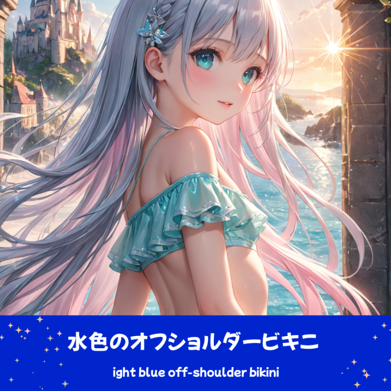 AIイラストで描かれた、フェミニンで可愛らしいオフショルダー水着の前後全身像。銀髪のキャラクターによる、衣装デザインの形状リファレンス。