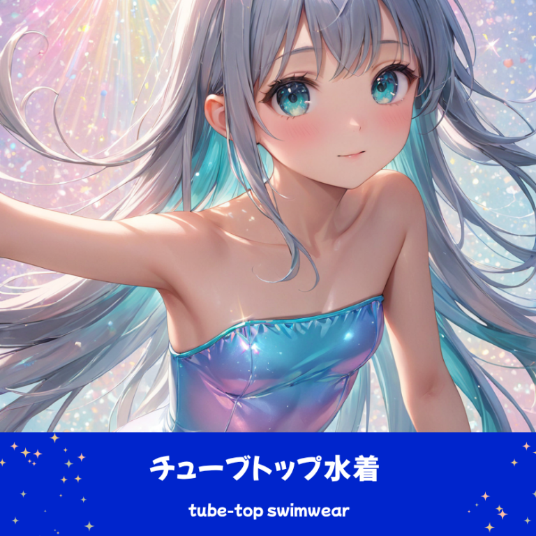 AIイラストによる、スポーティーでシンプルな青いチューブトップ水着の前後全身像。肩紐のないデザインの再現性を確認するためのプロンプト検証資料。