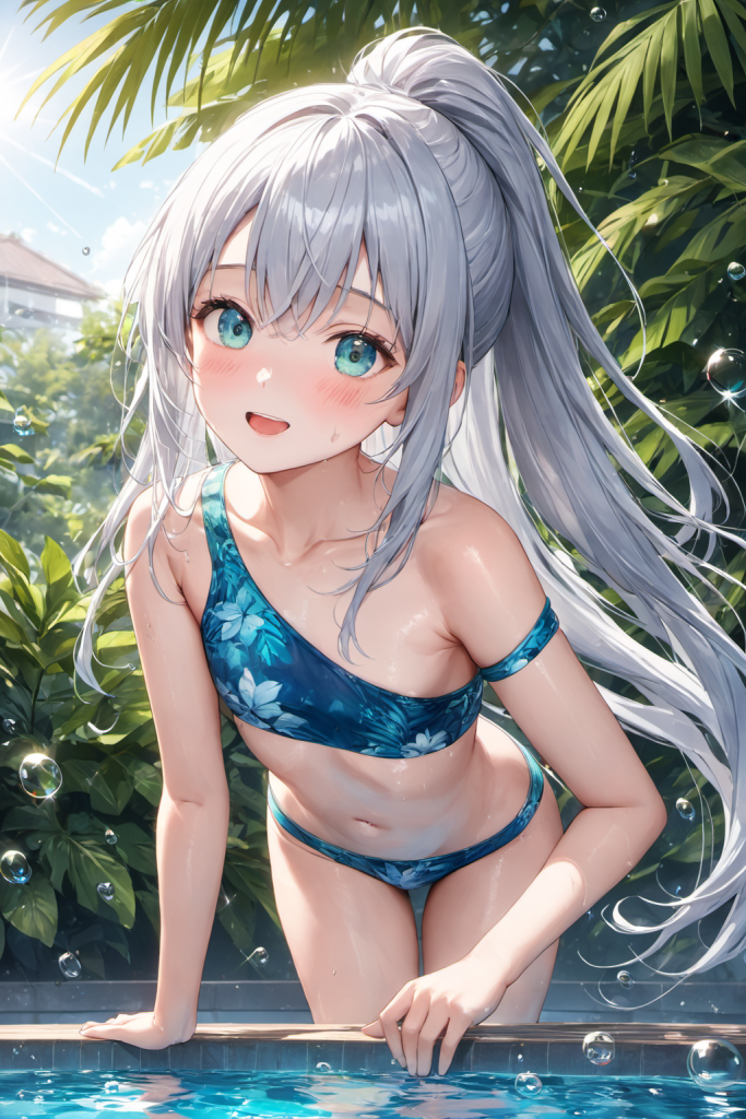 泡や水飛沫の演出があるリゾート風ワンショルダー水着のAIイラスト