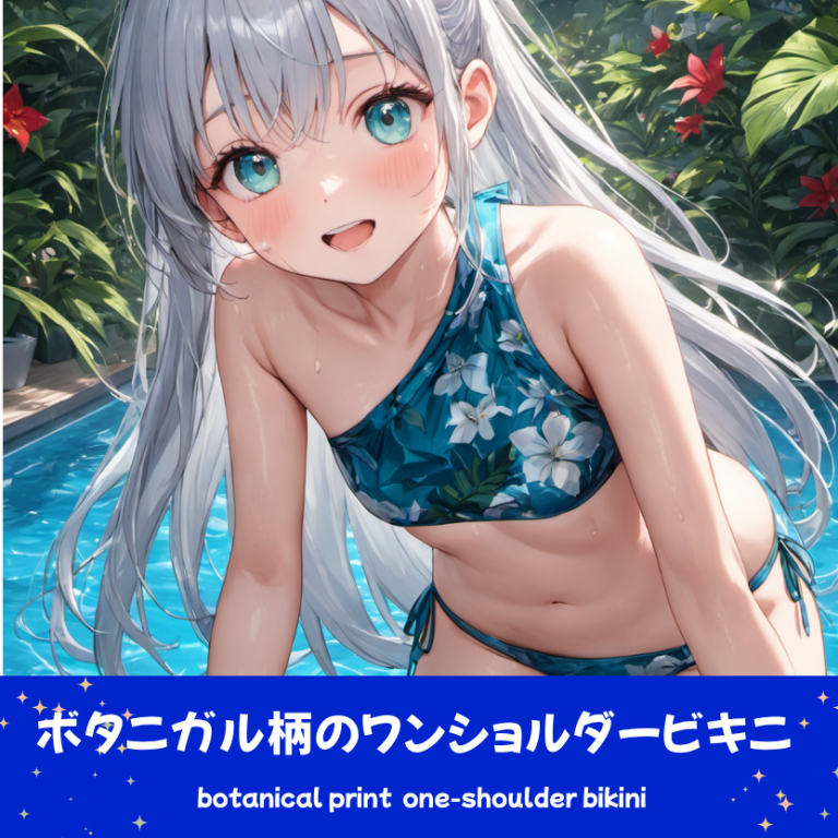 プールサイドで微笑む、銀髪ポニーテールの少女「さみ」。青地に白いボタニカル柄（植物模様）がデザインされたワンショルダービキニを着用したAIイラスト。