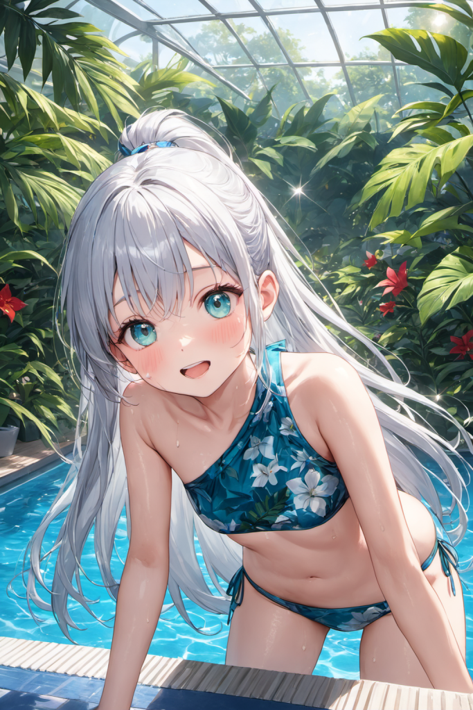 ボタニカル柄のワンショルダービキニを着用したAIイラストのキャラクター（プールサイド）