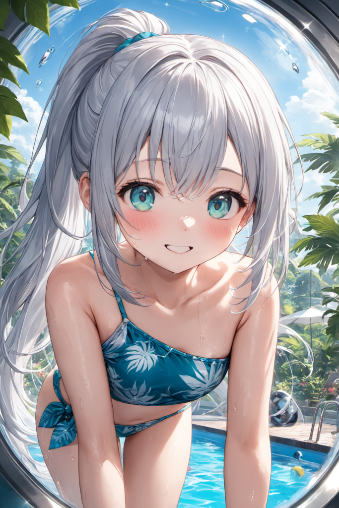 植物の多い背景でワンショルダー水着を着たさみさんのAIイラスト