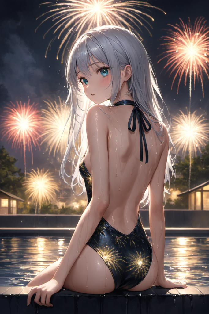 AIイラストで描かれた、夜空を彩る花火柄が美しいビキニ（前後全身像）。日本の夏の風物詩をテーマにした魅力的な水着プロンプトの構成案を紹介する技術資料。下部のラベルがデザインアーカイブであることを示している。