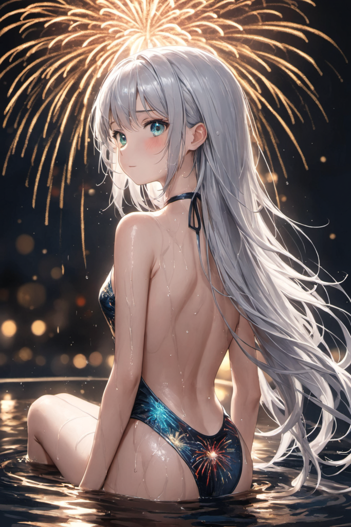 AIイラストで描かれた、花火柄ビキニの前後全身像（わずかに斜めを向いたポーズ）。同じプロンプトによる形状再現のバリエーション。ビーチファッションのデザイン例。