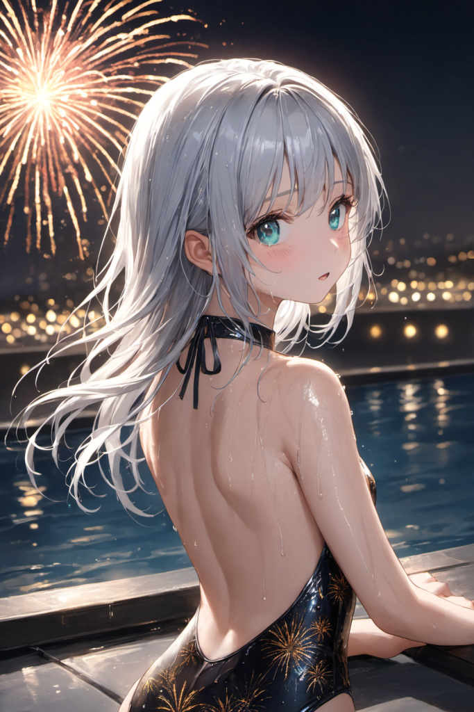 AIイラストによる情緒溢れる花火柄ビキニの前後全身像（打ち上げ花火の光に照らされる夜の演出）。水着デザインのプロンプト検証資料。魅力的なビーチコーデ。