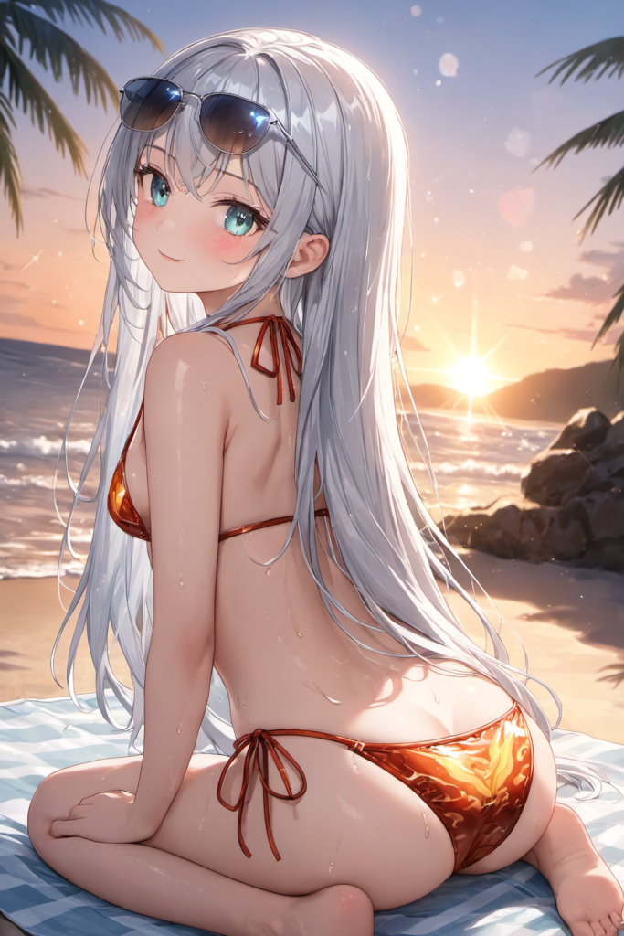 AIイラストで描かれた、夕暮れのビーチに映えるオレンジと赤のフレア(炎)柄ビキニ(前後全身像)。魅力的な水着プロンプトの構成案を紹介する技術資料。下部のラベルがデザインアーカイブであることを示している。