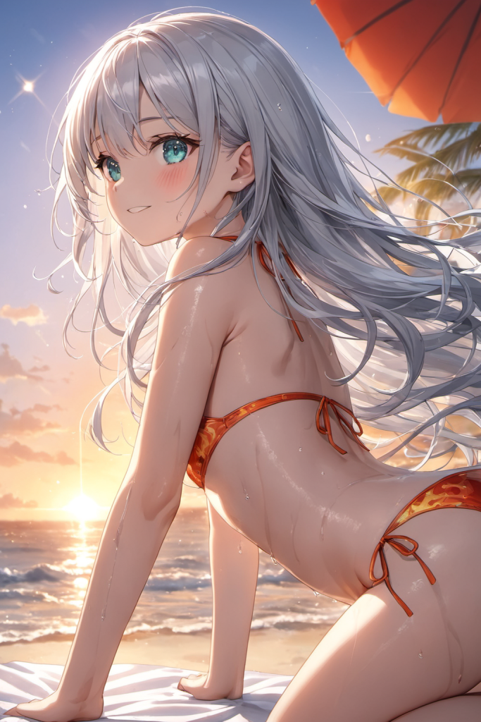 AIイラストで描かれた、夕暮れのビーチに映えるフレア(炎)柄のビキニ(魅力的なビーチポーズ)。ビーチファッションデザインの形状再現を目的とした技術資料。