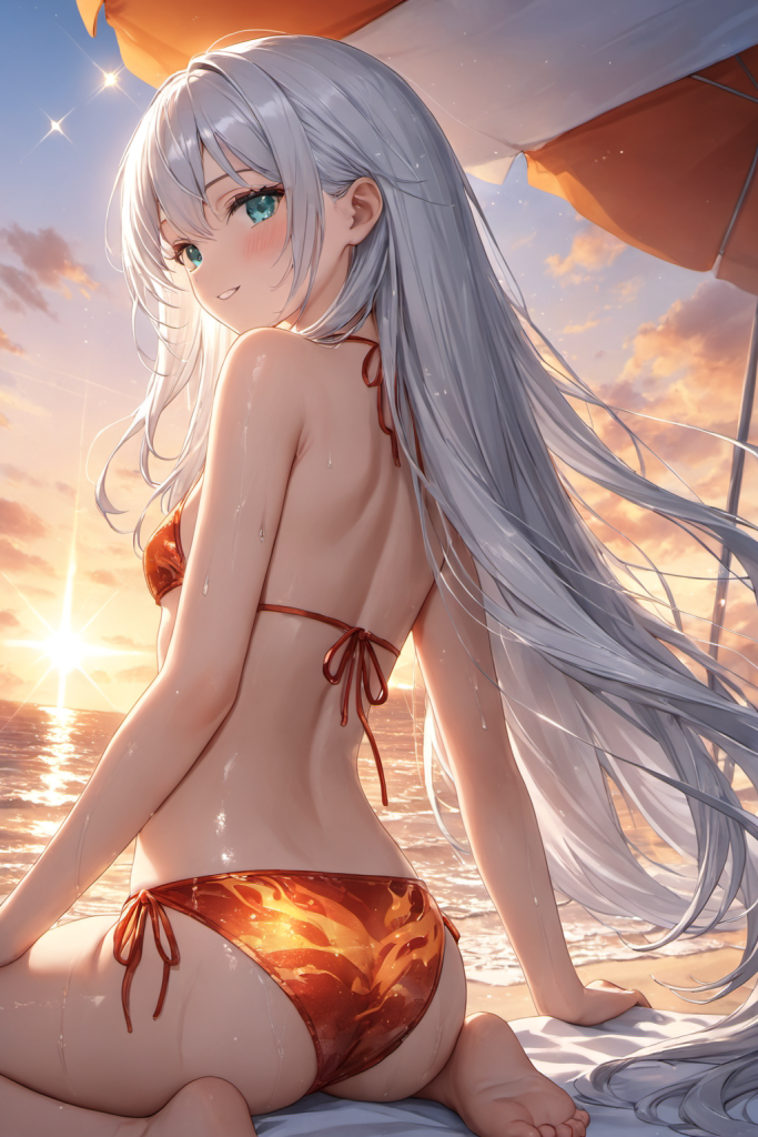 AIイラストによる夕暮れのビーチに映えるフレア柄ビキニの前後全身像(夕日の光が強く当たる演出)。ビーチファッションデザインのプロンプト検証資料。魅力的なビーチコーデ。