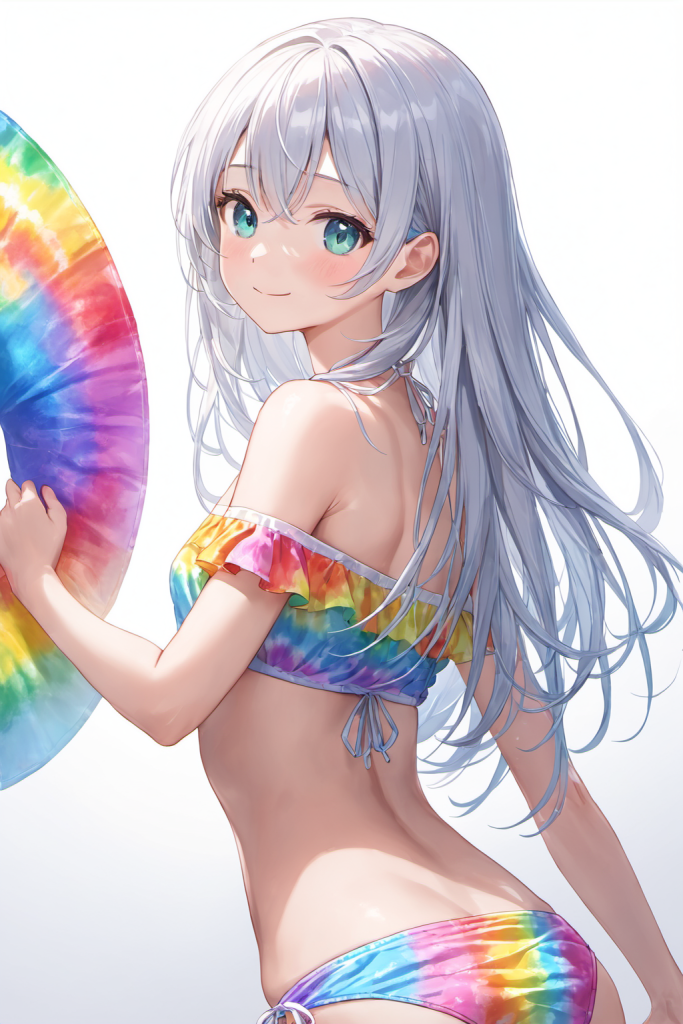 AIイラストで描かれた、タイダイ柄が可愛いリゾートに映えるフリルオフショルダービキニ(魅力的なビーチポーズ)。ビーチファッションデザインの形状再現を目的とした技術資料。