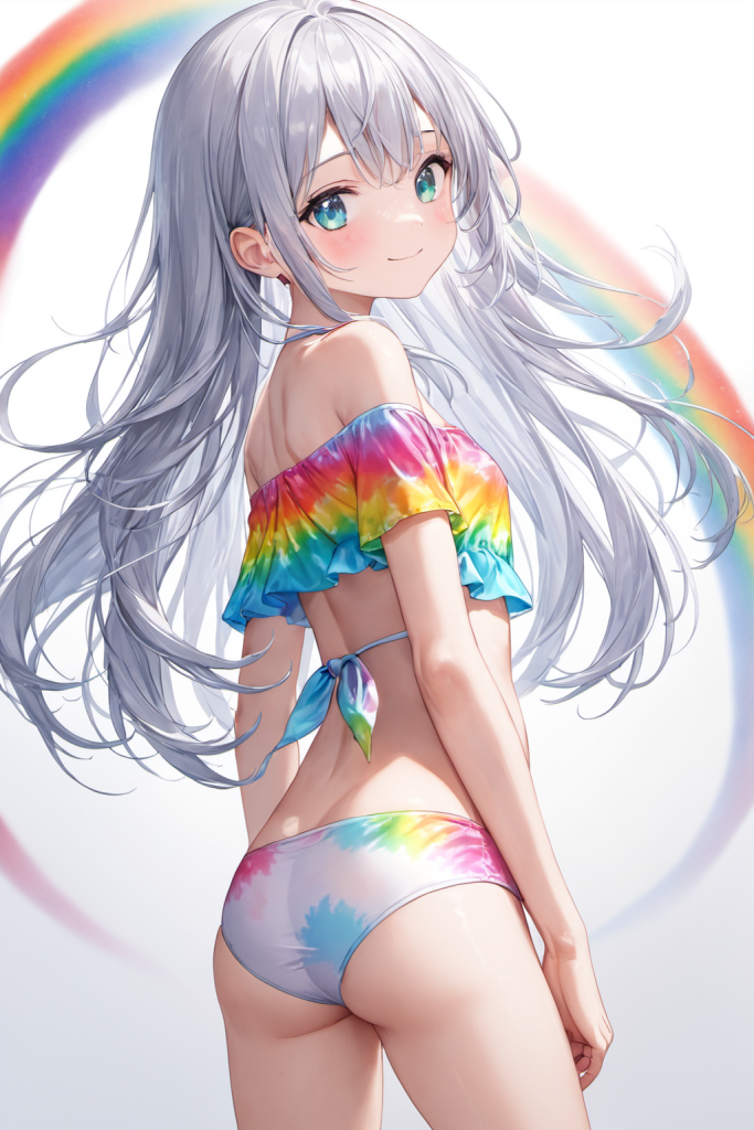 AIイラストで描かれた、タイダイ柄オフショルダービキニの前後全身像(わずかに斜めを向いたポーズ)。同じプロンプトによる形状再現のバリエーション。ビーチファッションのデザイン例。