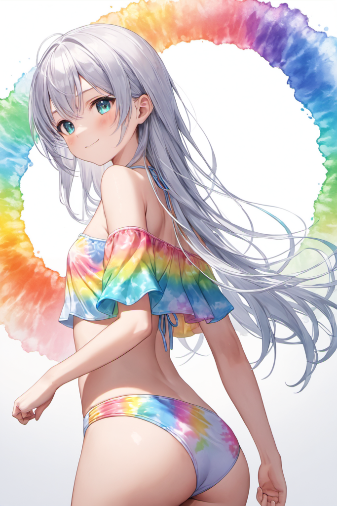 AIイラストで描かれた、トレンド感のある鮮やかなタイダイ柄のオフショルダービキニ(前後全身像)。魅力的な水着プロンプトの構成案を紹介する技術資料。下部のラベルがデザインアーカイブであることを示している。