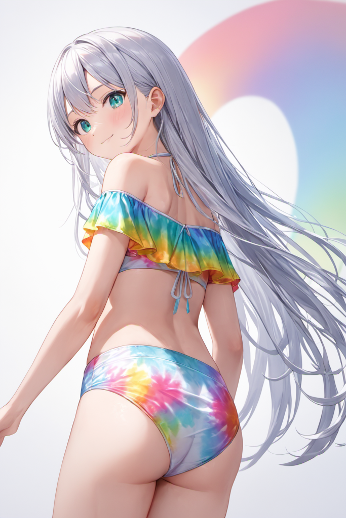 AIイラストによるトレンド感満載なタイダイ柄ビキニの前後全身像(真夏の太陽のような強い光の演出)。水着デザインのプロンプト検証資料。魅力的なビーチコーデ。